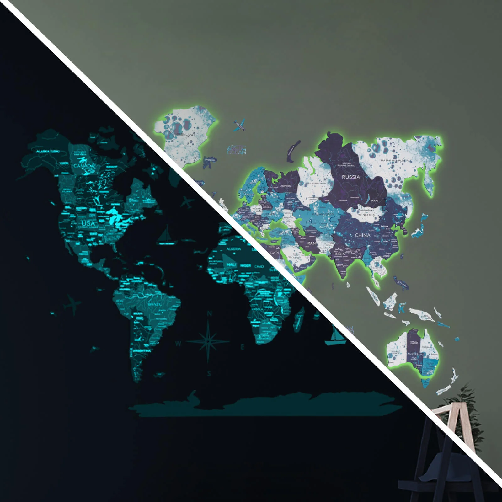 3D LED / LUMINOUS Wooden World Map 3.0 Ocean - Image 9