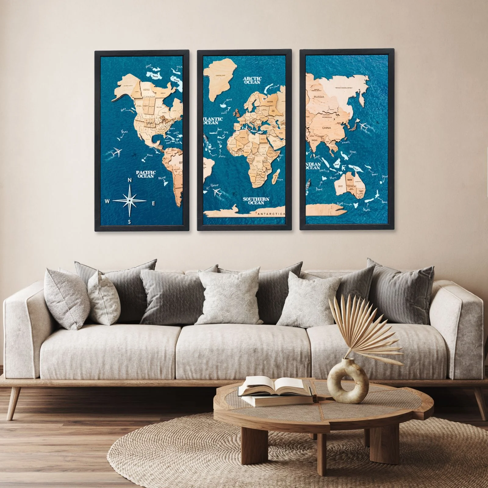 3D Wooden Triptych World Map Gold - Image 10