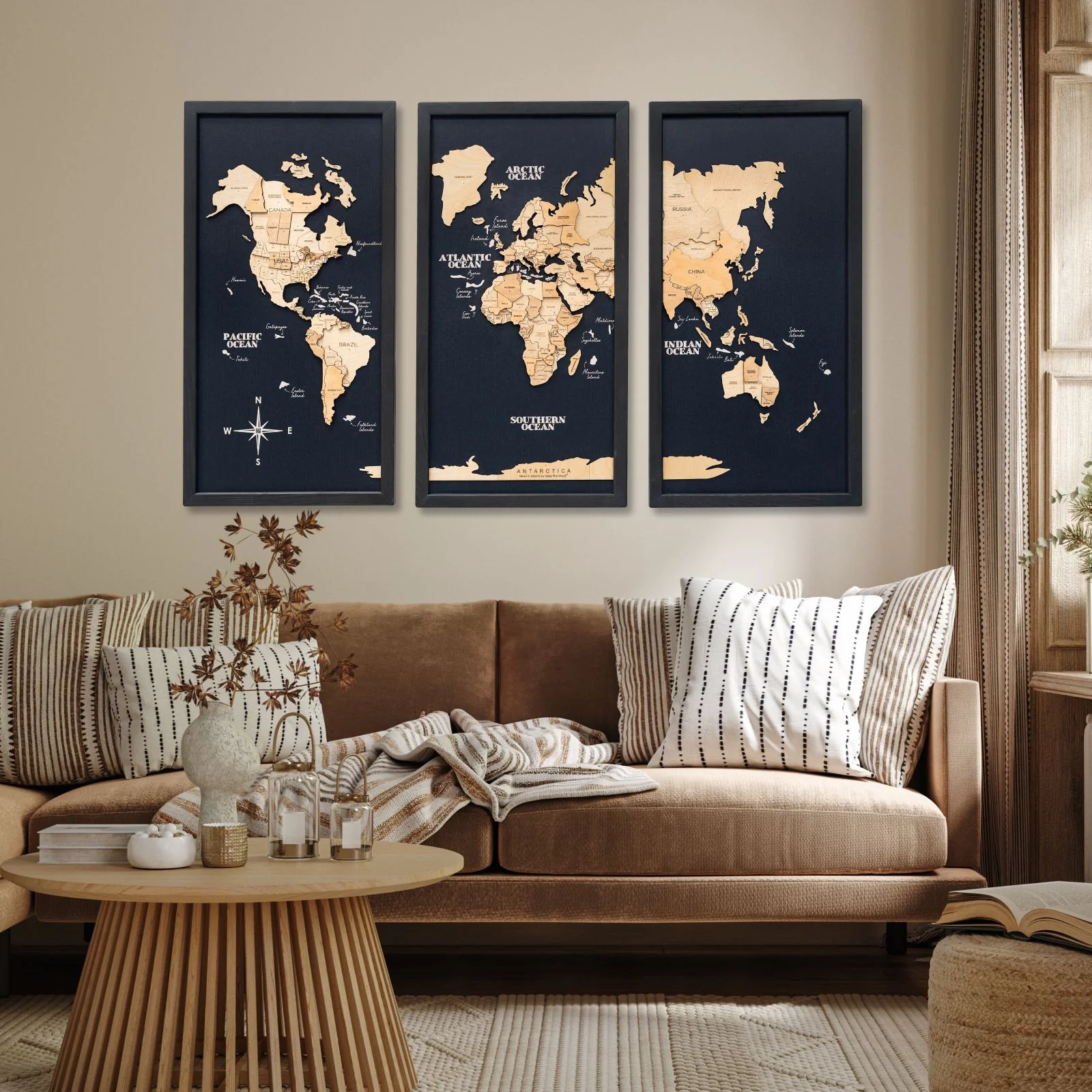 3D Wooden Triptych World Map Gold - Image 8