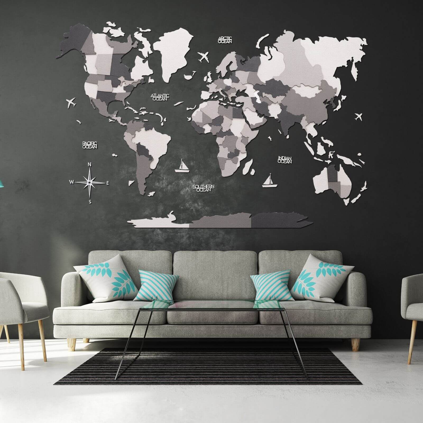 3D Wooden World Map Concrete - Image 7