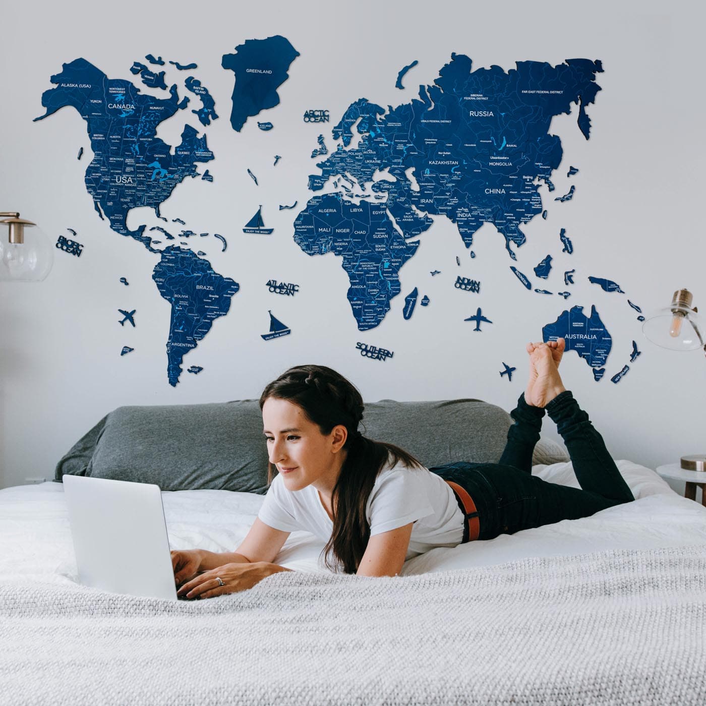 Wooden World Map Navy Blue - Image 6