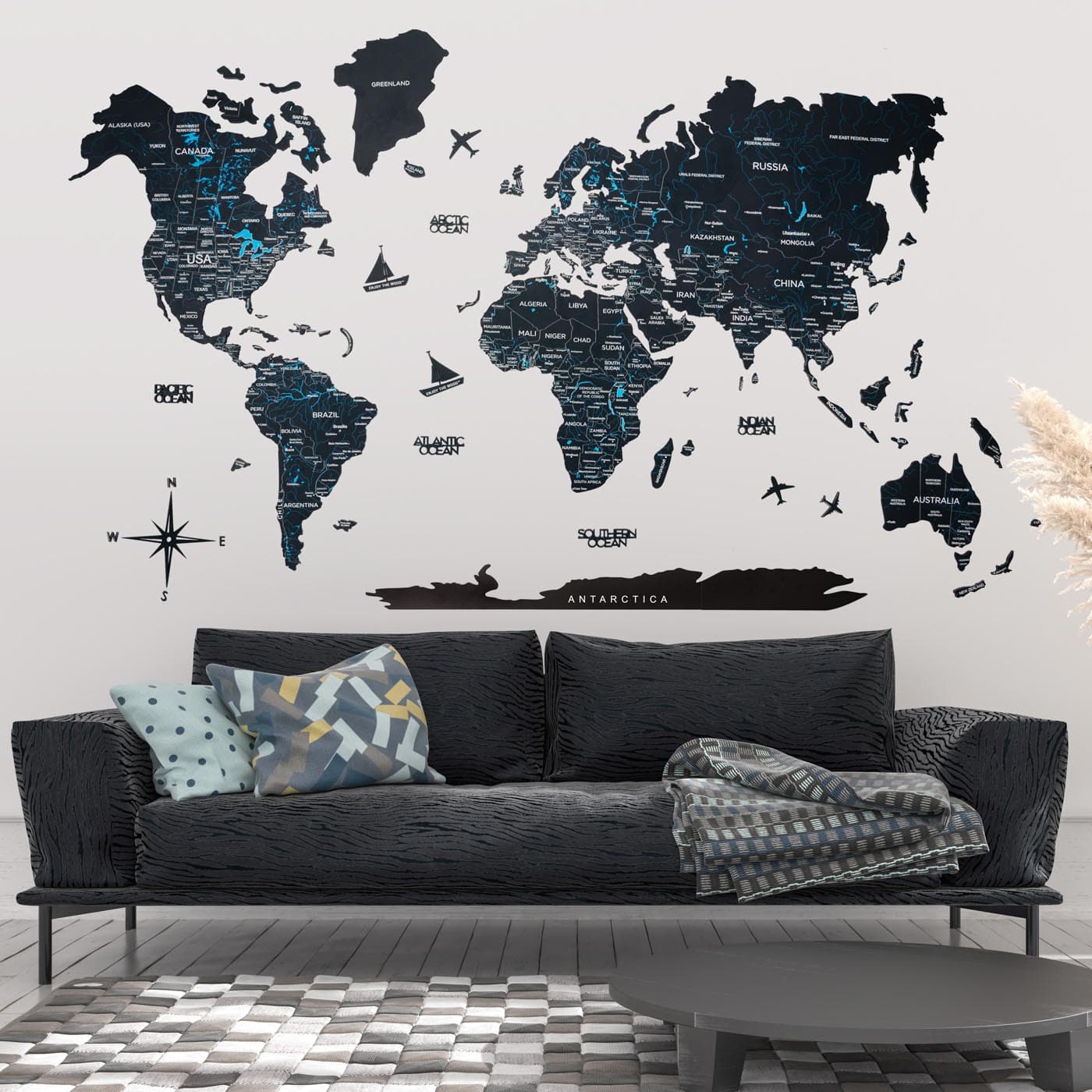 Wooden World Map Navy Blue - Image 8